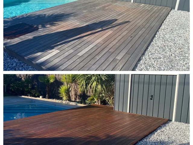 Plage de piscine en bois nettoyée moitié avant moitié après dans les Landes